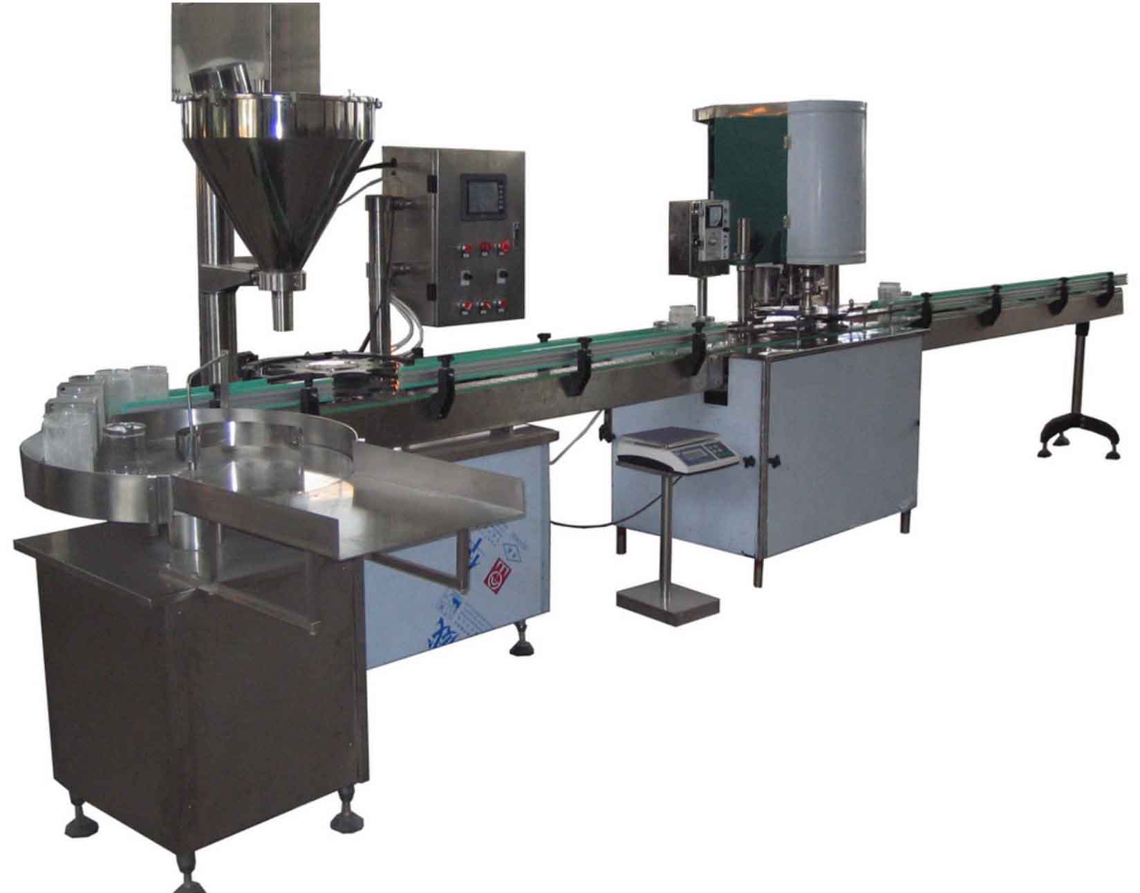 Y粉末全自動卡瓶定位式聯動線:YX-FGL粉末灌裝旋蓋聯動線(進罐+灌裝+封罐)